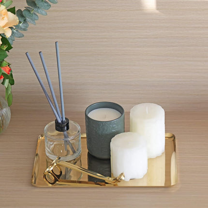 FREELOVE Gold Serving Tray, Stainless Steel Platter Bathroom Sink Vanity Trays Cosmetics Jewelry Organizer Towel Tray Tea Tray Decorative Tray (Gold, Rectangle 12'' by 7.9'')
