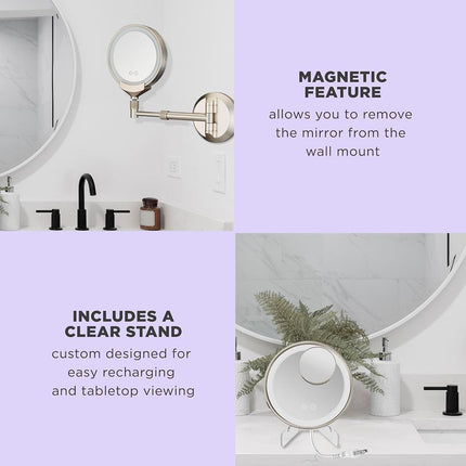 Conair Lighted Makeup Mirror, Wall Mount Bathroom Mirror, LED Vanity Mirror, 1X/5X/10X Magnifying Mirror, Rechargeable in Satin Nickel