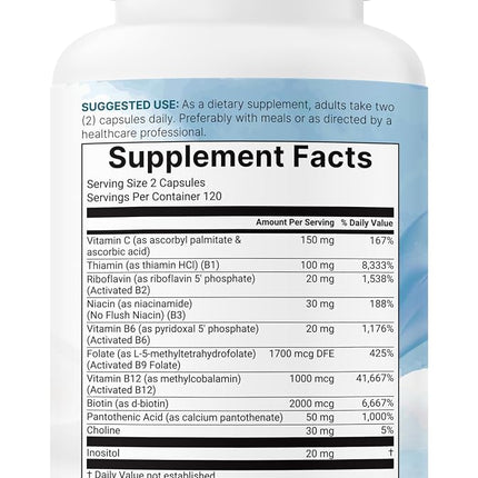 Micro Ingredients Pure Methylated B Complex, 240 Capsules | 11-in-1 Formula with Methylfolate, B12, Thiamin, Inositol, Choline, & Fat Soluble Vitamin C | Clean Ingredients Without Fillers | Non-GMO