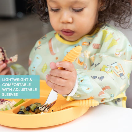 Bumkins Sleeved Bib, Handy Tie Closure for Custom Fit, Catch-All Pocket, Baby-Led Weaning, Waterproof, Machine Washable, Stain & Odour Resistant, BPA Free, 6-24 Months, Camp Gear Design