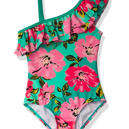 Traje de baño de una pieza con volantes y un solo hombro Kanu Surf Morgan Floral para niña, rosa/verde Flower Power, 14