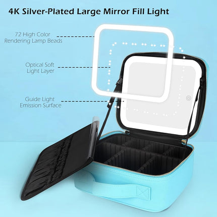 MOMIRA Travel Makeup Bag Cosmetic Bag Makeup Organizer Bag with Lighted Mirror, Adjustable Brightness in 3 Color Scenarios, Waterproof Makeup Train Case - Diamond Blue