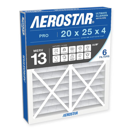 Aerostar 20x25x4 MERV 13, filtro de aire plisado, 20 x 25 x 4, caja de 6, hecho en EE. UU.
