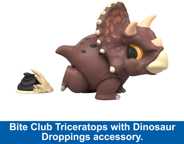 Mattel Jurassic World Bite Club Collectible Figure, Triceratops Chubby Stylized Dinosaur Approx 4-Inch Figure with Accessory, HVB39