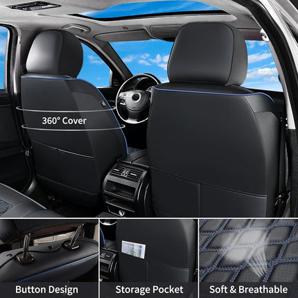 Huidasource Tacoma Seat Covers Full Set, Full Coverage Waterproof Leather Truck Seat Protector, Front&Rear Cushion Cover Custom Fit for Toyota Tacoma 2016-2023 Double/Crew Cab(Full Set/Black&Blue)