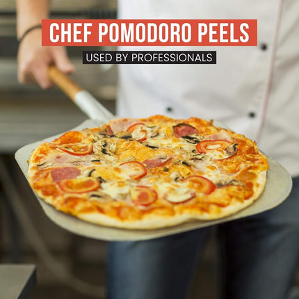 Chef Pomodoro Perforated Aluminum Long Extendable Pizza Peel, 12 x 14-Inch, with Detachable Wood 49-Inch Handle for Easy Storage, Gourmet Luxury Pizza Paddle for Baking Homemade Pizza Bread