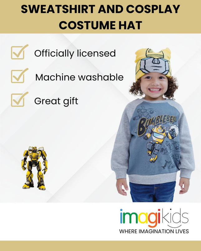 Transformers Bumblebee Fleece Sweatshirt and Cosplay Costume Hat Sizes Small to Large (2T - 18-20), Grey/Yellow, Bee, 10-12