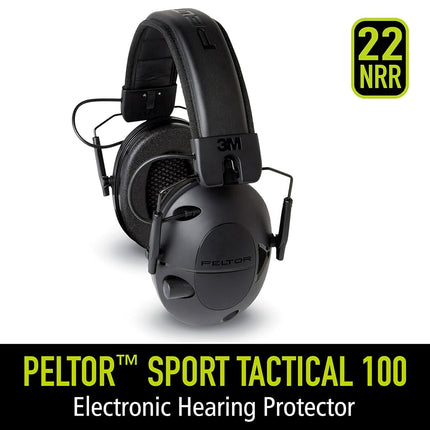3M Safety TAC100-OTH Black Peltor Sport Tactical 100 Electronic Hearing Protector, Ear Protection, NRR 22 Db, Ideal for Shooting and Hunting
