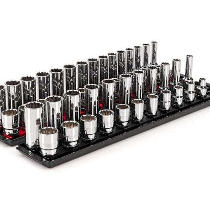TEKTON 1/2 Inch Drive 12-Point Socket Set with Rails and Trays, 52-Piece (3/8-1 in., 10-24 mm) | SHD92214