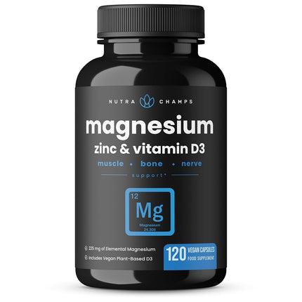 Suplemento de magnesio, zinc y vitamina D3 de NutraChamps - Formas más biodisponibles; glicinato, malato, citrato de magnesio - Salud ósea, muscular y cardíaca, apoyo inmunitario - 120 cápsulas veganas