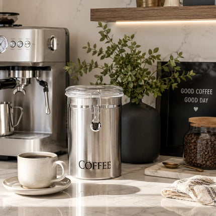 Oggi Stainless Steel Coffee Canister 62 fl oz - Airtight Clamp Lid, Clear See-Thru Top - Ideal for Coffee Bean Storage, Ground Coffee Storage, Kitchen Storage, Pantry Storage. Large Size 5" x 7.5".