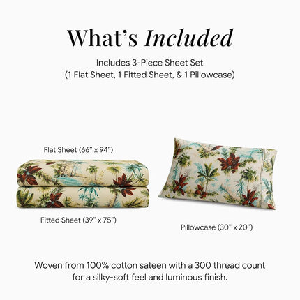 Tribeca Living Twin Bed Sheet Set, 300 Thread Count Soft Cotton Sateen, Floral Print with Extra Deep Pockets, 3-Piece Bedding Set, Paradise Island Multicolor