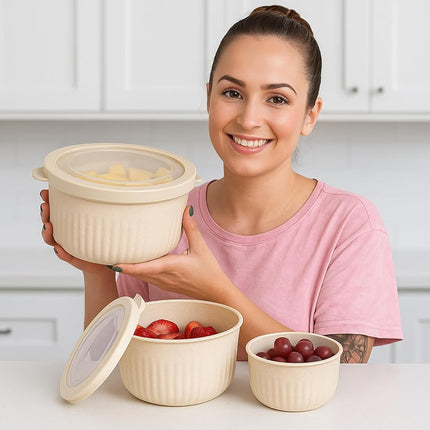 Classic Cuisine Set of 3 Bowls with Lids - Microwave, Freezer, and Fridge Safe Nesting Mixing Bowls - Eco-Conscious Kitchen Essentials by (Beige)