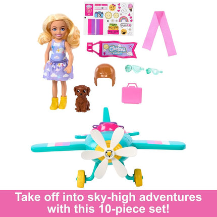 Barbie Chelsea Can Be Doll & Plane Playset, 2-Seater Aircraft with Spinning Daisy Propellor & 7 Accessories, Including Puppy & Stickers, HTK38