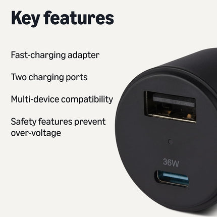 Amazon Basics Fast-Charging Car Charger for Phone and Tablet, Dual-Port USB-C and USB-A, 48W, Black