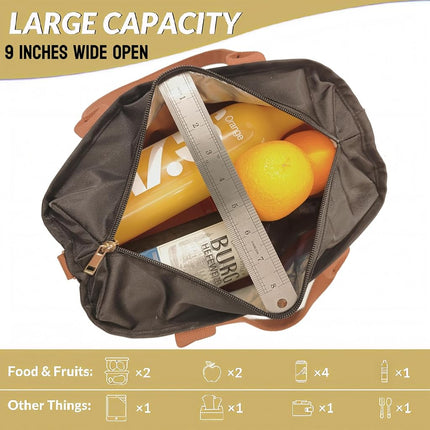 Large Women Lunch Bags for Work Insulated/Insulated Adult Lunch Box for Women/Durable Nylon Thermal Cooler Bag/Leakproof Cooler Tote Bag with Storage Pocket(Newly Upgraded Noir Black Brown Strap)