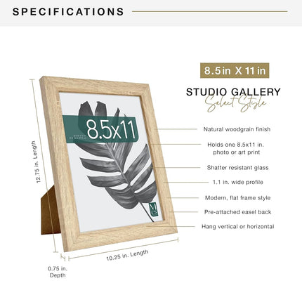 Cadre photo MCS Studio Gallery 8,5 x 11, bois d'ingénierie grain de bois naturel, cadre photo rectangulaire pour photos, affiches et impressions d'art et chevalet pour affichage sur table (lot de 1)