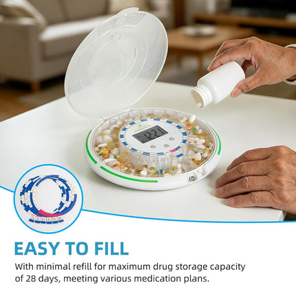 EziMedPil Automatic Pill Dispenser w/Audio & Visual Alerts, up to 6 Alarms/day, 6 Dosage Templates, Easy-Read LCD Display, Lock Medication Dispenser w/Key for Prescriptions, Vitamins & More, Clear Lid
