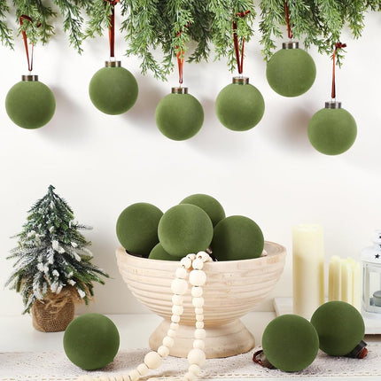 Liliful 15 Pcs Velvet Christmas Balls Bulk Flocked Christmas Tree Ball Ornaments Plastic Xmas Decorative Hanging Ornaments(Green,2.36 Inch)