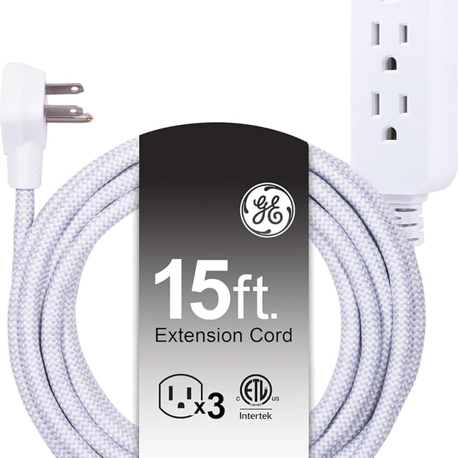 GE Pro 3-Outlet Power Strip with Surge Protection, 15 Ft Designer Braided Extension Cord, Grounded, Flat Plug, 250 Joules, Warranty, UL Listed, White/Gray, 40530