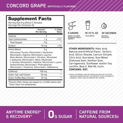 OPTIMUM NUTRITION Amino Energy, Concord Grape, Low-Stim Pre Workout, 100mg Natural Caffeine, 5g BCAA's, 65 Serves, 585g