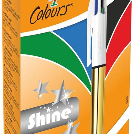 BIC 4 Colours Shine Ballpoint Pens Medium Point (1.0 mm) - Metallic Gold Barrel, Box of 12