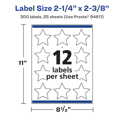 Avery Matte White Star Labels, Sure Feed Technology, 2-1/4" x 2-3/8", 300 Matte White Printable Labels