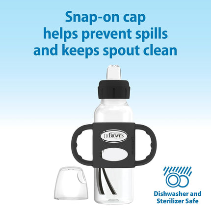 Dr. Brown's Milestones Narrow Sippy Spout Bottle with 100% Silicone Handles, Easy-Grip Handles with Soft Sippy Spout, 8oz/250mL, Black, 1-Pack, 6m+