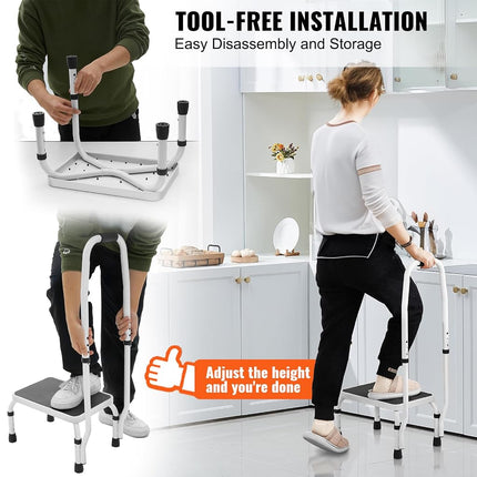 VEVOR Step Stool 1-Step 150KG Capacity, 3 Adjustable Height with Handle Steel Step Ladder, Portable Toddler Step Stools for Adults, Non-Slip Sturdy Step Ladders for Office, RVs, Pets