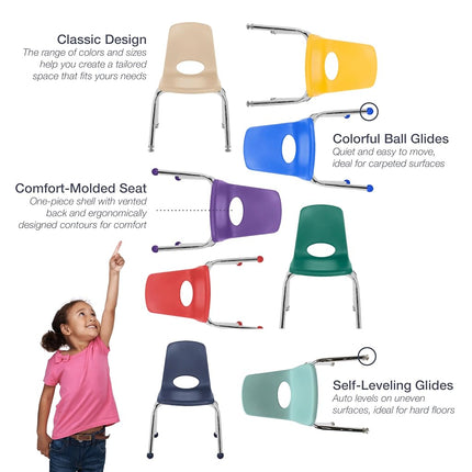 12" School Stack Chair, Stacking Student Chairs with Chromed Steel Legs and Nylon Swivel Glides - Navy (6-Pack)