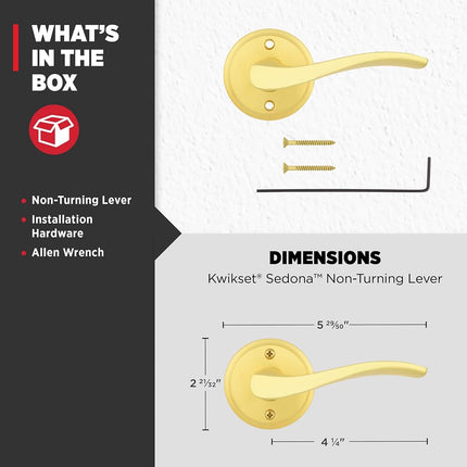 Kwikset Sedona Dummy Door Handle, Single Sided Lever for Closets, French Double Doors, and Pantry, Satin Brass Non-Turning Right Handed Interior Push/Pull Lever, with Microban Protection