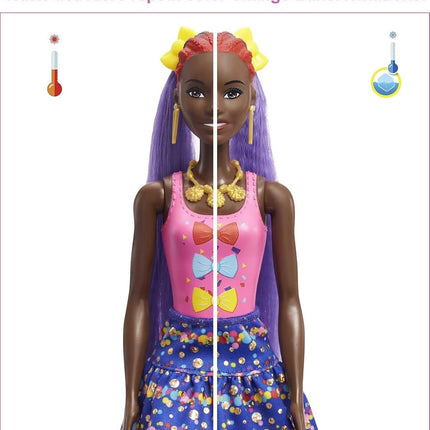 Barbie HBG40 - Color Reveal Bows lalka zmiany włosów, niebieski brokatowy zestaw zabaw z 25 stylizacji włosów i niespodzianek partii, wiek 3+.
