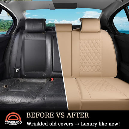 Coverado Rear Seat Covers, Soft Waterproof Faux Leather Rear Protectors for Sedan SUV Truck, Minimalist Comfortable Anti-Stain Interior – Beige