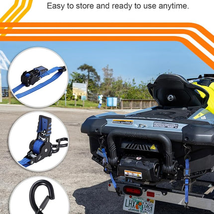 Strapinno Retractable Ratchet Straps - 1 in x 2.5 ft Heavy Duty Boat Transom Tie Down, 2PCS, 2400lbs Breaking Strength, S Hooks with Safety Clip, for Boat, Jetski, Seadoo, Waverunner, and PWCs (Blue)