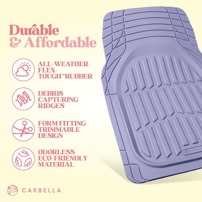 CARBELLA Rubber 4-Piece Lavender Car Floor Mats -Universal Trim To Fit All Weather Lavender Car Accessories - Girl Car Accessories for Women & Cute Car Mats for Women for Girly Car Decor, Truck, & SUV