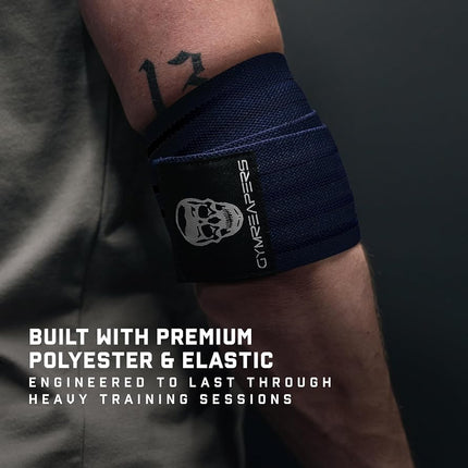 Gymreapers Weightlifting Elbow Wraps (1 Pair) - Flexible 40'' Elbow Compression Strap & Joint Support Brace - for Bench Press, Powerlifting, and Pressing (Navy)