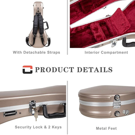 Crossrock A-Style Mandolin Case | ABS Molded Hardshell with Security Lock, Metal Feet, and Detachable Straps-Champagne (CRA862MACH)