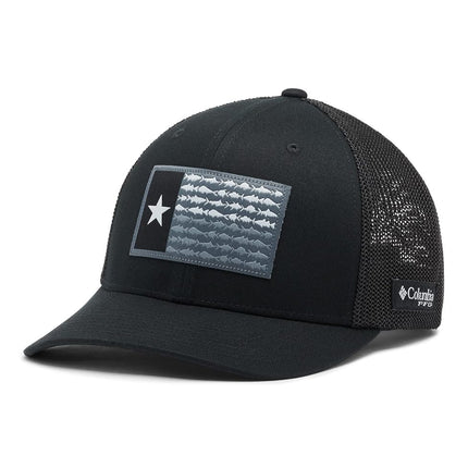 Gorra de malla Columbia PFG Flag - Corona alta, Negro/Negro/Pez de Texas, Grande/Extragrande