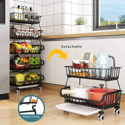 CarolynDesign 6 Tiers Rolling Kitchen Cart, Black Iron Wire Storage Bins with Wheels and Feet, Stackable Vegetable Storage Baskets