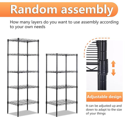 BestOffice | 5-Tier Wire Storage Shelves | 17x12x48 | Black | with Adjustable Racks | Heavy-Duty Metal Shelf, Holds Upto 750 lbs | No-Tool Assembly | Ideal for Home & Garage Shelving