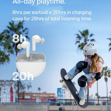 Belkin SoundForm Nano 2 Bluetooth Earbuds for Kids with Built-in Microphone, 28H Battery Life, Safe 85dB Volume, IPX5 Water Resistance - Kids Bluetooth Earbuds for iPhone,iPad,Galaxy,& More -White