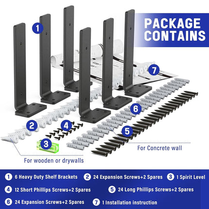 Goovilla Shelf Bracket, Heavy Duty Floating Shelf Brackets 8 inch Long, 4 Pack Brackets for Shelves, Black Coated Metal Wall Shelf Support Brackets with 1/5 Inch Thick and 160 lb. Load Capacity