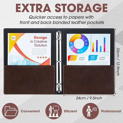Marspark 2 Pcs Vintage Hardback 3 Ring Binder Professional Leather Binder Organizer Round Rings Holds 200 Sheets with 2 Inner Pockets(1 Inch,Brown, Black)