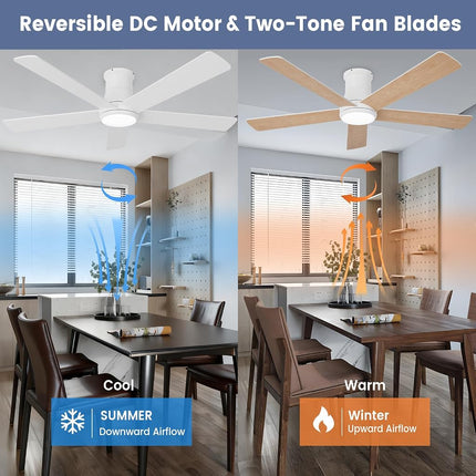 Autoday 52 Inch Ceiling Fans with Lights and Remote - White Ceiling Fan with Light Low Profile, Flush Mount Indoor/Outdoor Ceiling Fans for Patios Bedroom