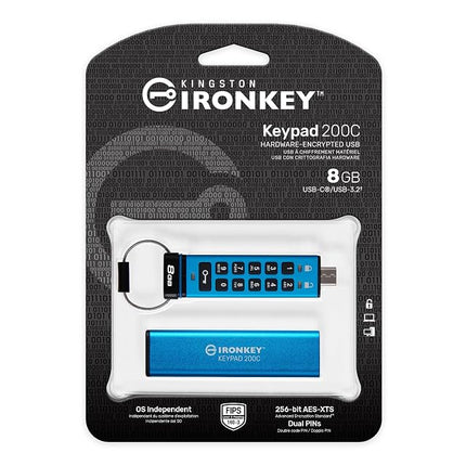 Kingston IronKey Keypad 200C Type-C hardware-encrypted USB Flash Drive FIPS 140-3 Level 3 (Pending) with XTS-AES 256-bit Hardware Encryption -IKKP200C/8GB