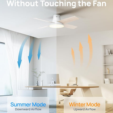 DREO Ceiling Fans with Lights, 44 inch Low Profile White Ceiling Fan, Reversible, 5CCT, 6-Level Dimmable, 6 Speeds Bedroom Ceiling Fan, Quiet, Easy to Install, Timer, Flush Mount, Remote Control