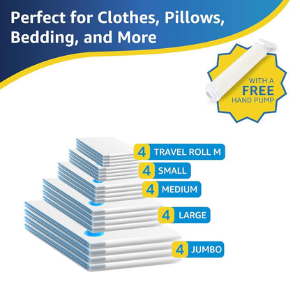 Simple Deluxe 20 Pack Vacuum Storage Bags (4 Jumbo/4 Large/4 Medium/4 Small/4 Roll M) Space Saver Bags, Vacuum Seal Bags with Hand Pump for Comforters, Blankets, Bedding, Pillows and Clothes
