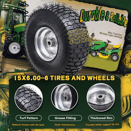 Wiltire 2 Pack 15x6.00-6 Tubeless Riding Lawn Mower Tire & Wheel Assembly