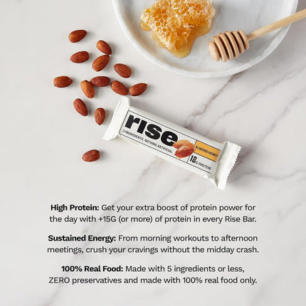 Rise Bar Non-GMO, Gluten Free, Soy Free, Real Whole Food, Whey Protein Bar (20g), No Added Sugar, Almond Honey High Protein Bar with Fiber, Potassium, Natural Vitamins & Nutrients 2.1oz, (12 Count)