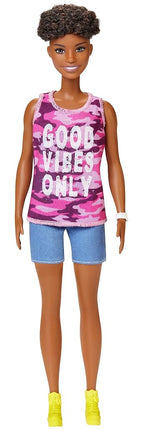 Barbie Fashionistas Doll with Short Curly Brunette Hair Wearing Good Vibes Only Camo Tank, Shorts and Accessories, for 3 to 8 Year Olds